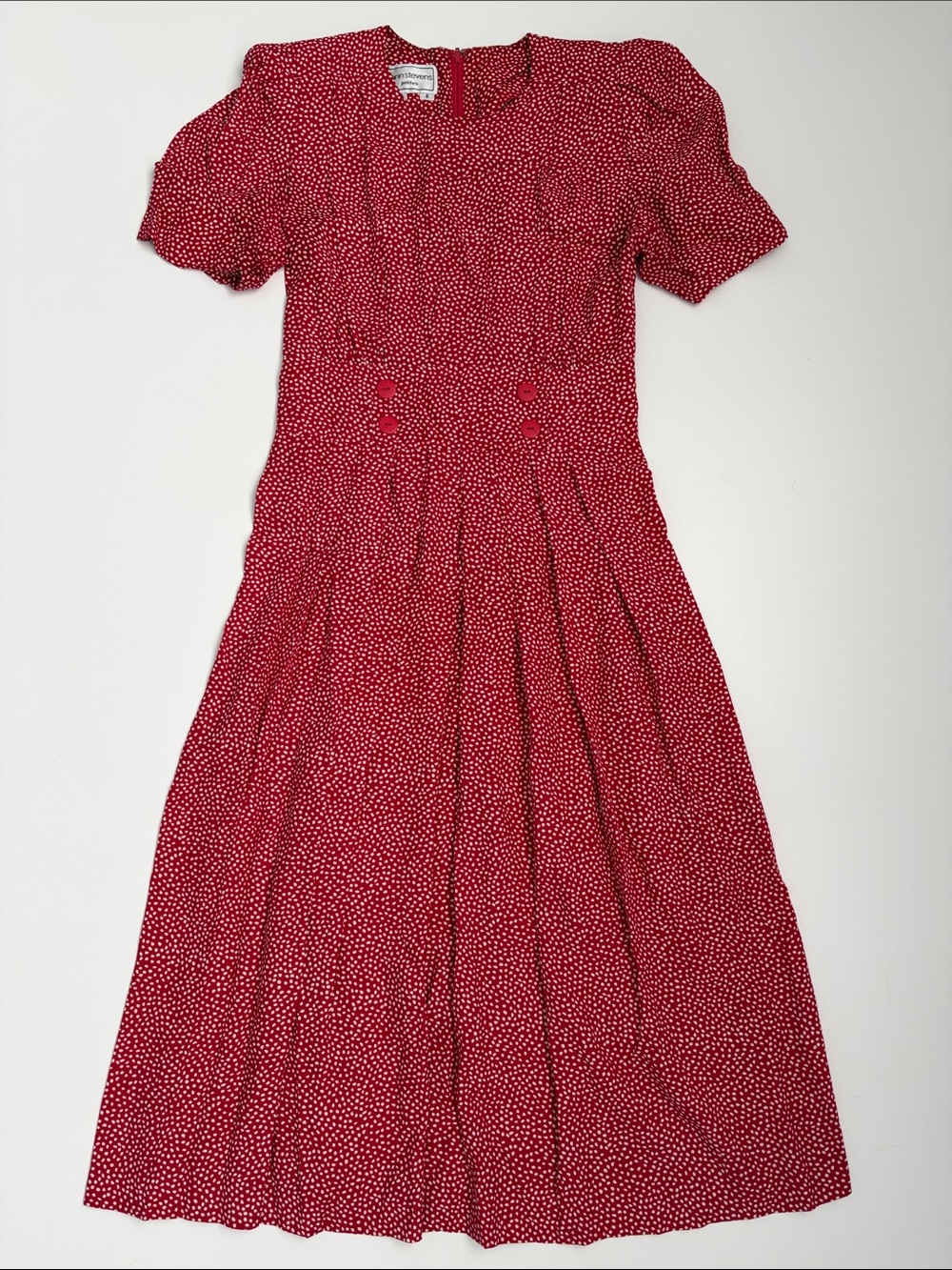 Vintage KARIN STEVENS Red Polka Dot Midi Dress SIZE 8 Elastic Waist